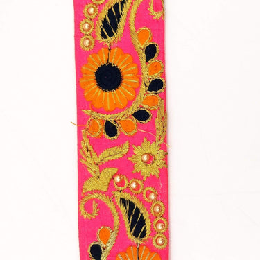 Pink Art Silk Lace Trim, Floral Embroidery in Orange, Black and Gold